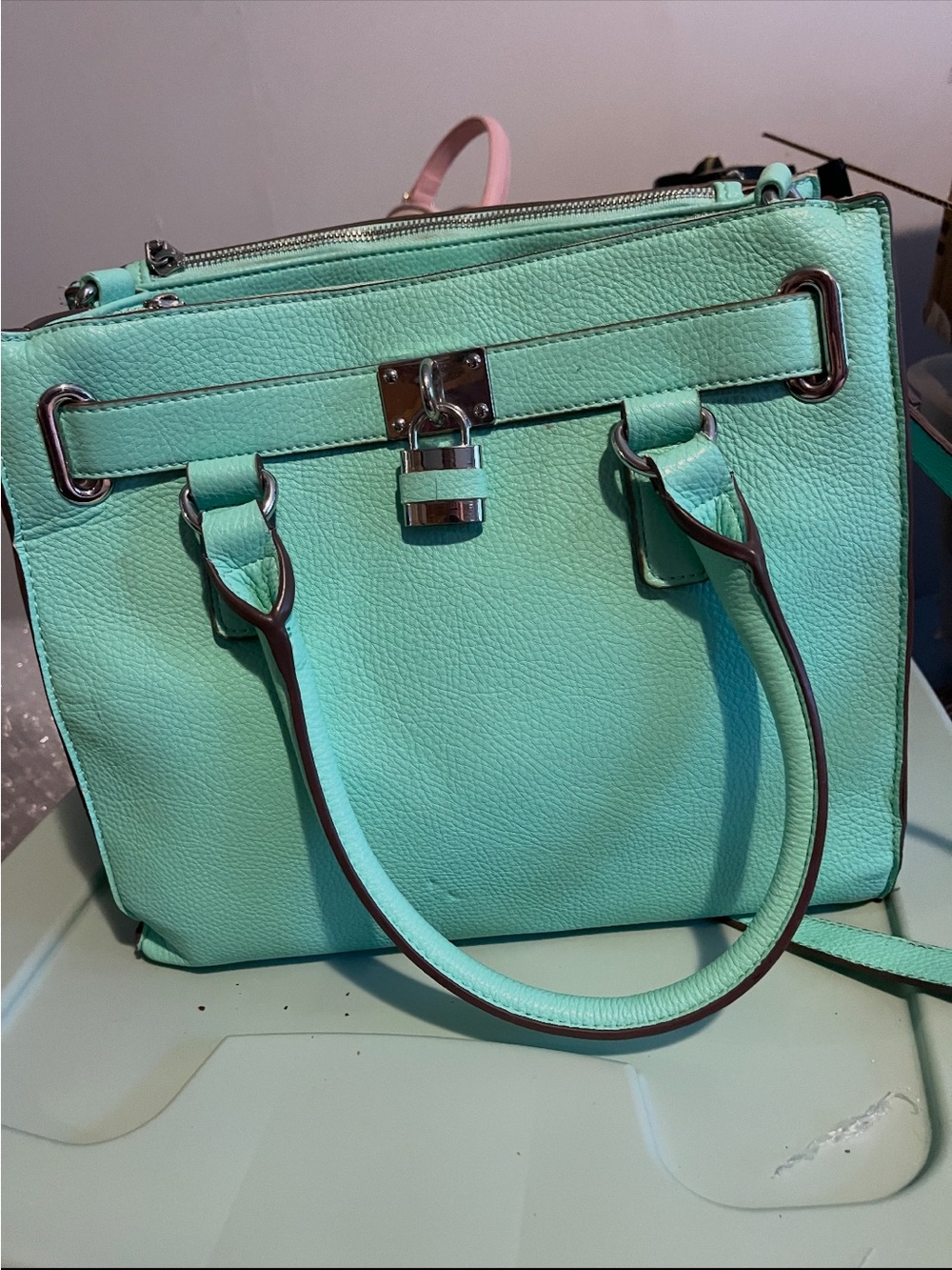 Coach Mint Green Pebbled Leather Satchel with Silver Hardware